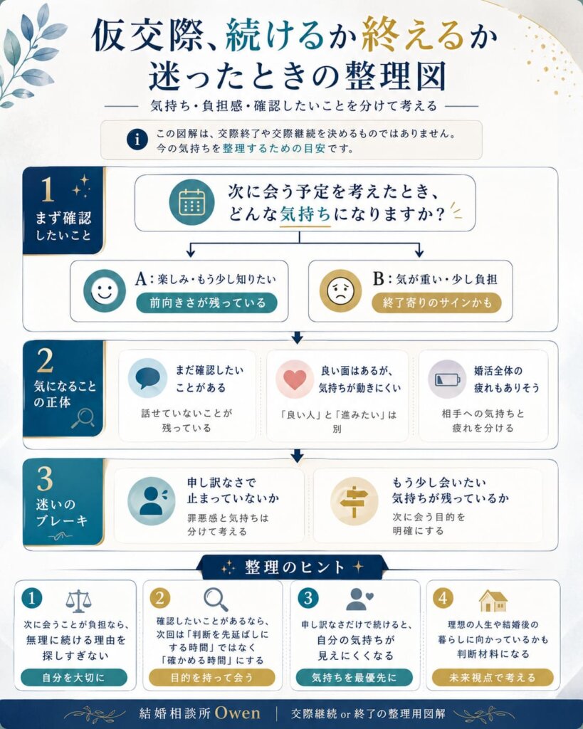 仮交際を終了したいけど迷う方へ｜続ける理由は本当にありますか？図解